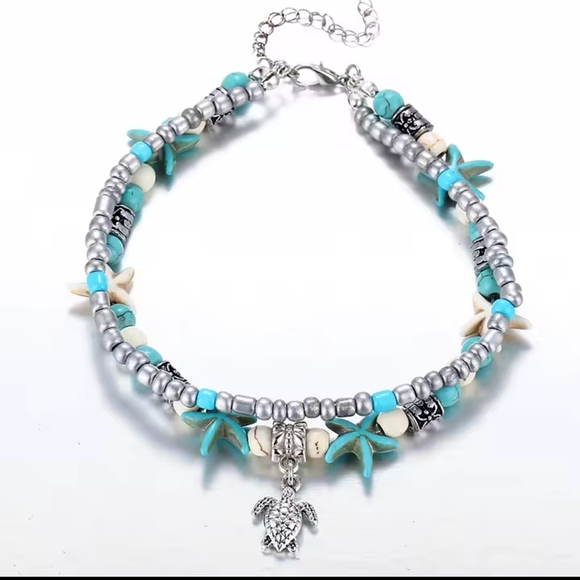 Women's Turquoise Bracelet Starfish Turtle Beach Summer Layered New f18 - Picture 3 of 3